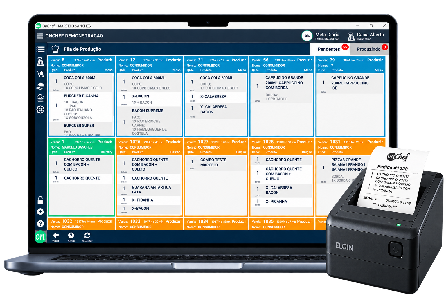 Notebook mostrando a fila de produção da cozinha no OnChef, com a comanda saindo na impressora